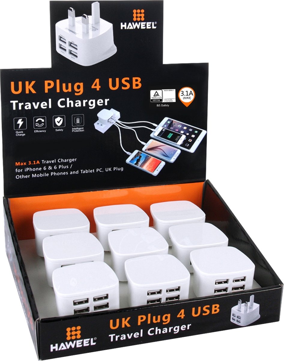 [BS-certificering] 9 STUKS UK Plug HAWEEL 4 USB-poorten Max 3,1A-reisopladersets met displaystandaard, voor iPhone, Galaxy, Huawei, Xiaomi, LG, HTC en andere smartphones